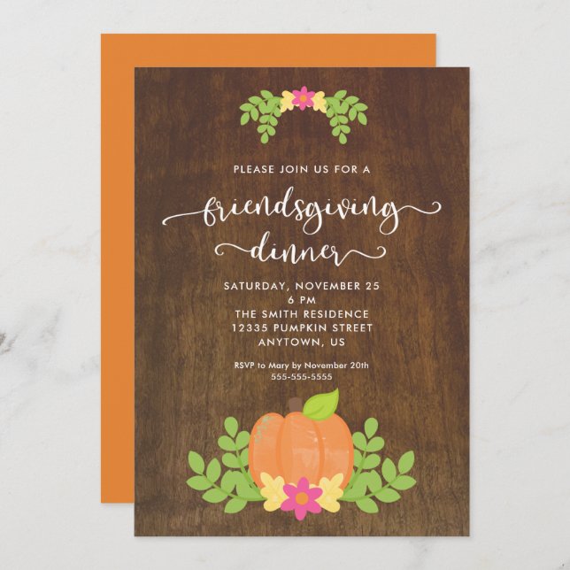 Rustic Friendsgiving Dinner Pumpkin and Greenery Invitation (Front/Back)