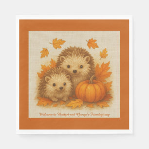 rustic Friendsgiving hedgehog & Autumn leaves Napkin