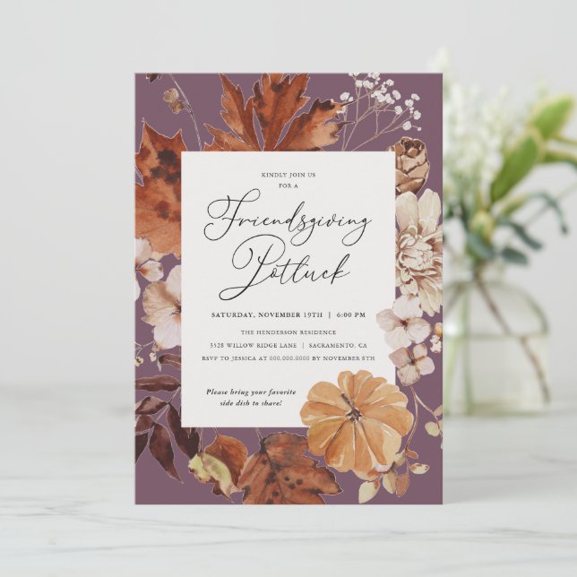Rustic Friendsgiving Potluck Thanksgiving Invitation (Standing Front)