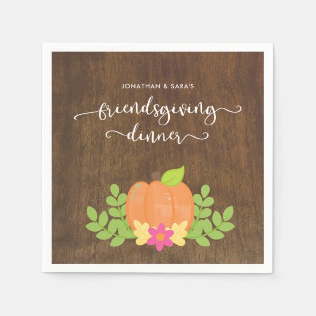 Rustic Friendsgiving Pumpkin and Greenery Napkin (Front)