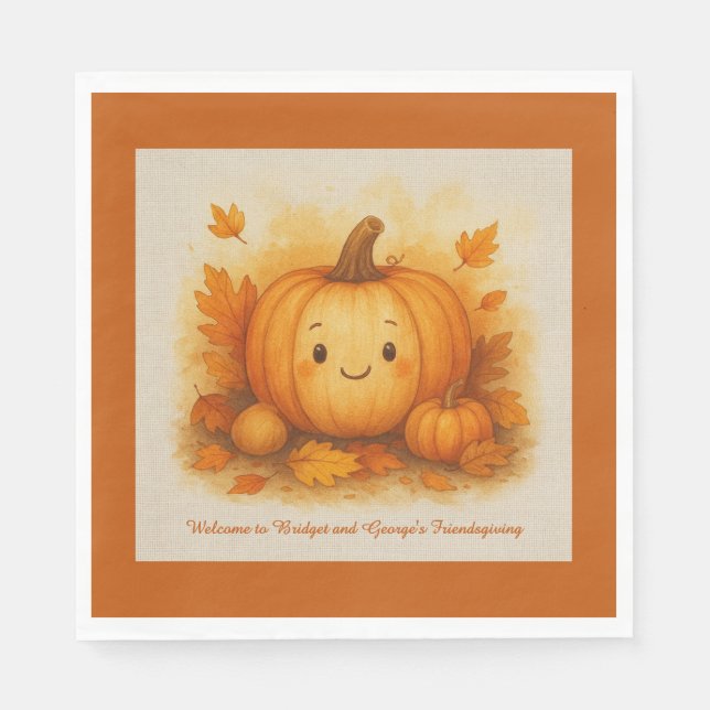 rustic Friendsgiving Pumpkin Autumn leaves  Napkin (Front)