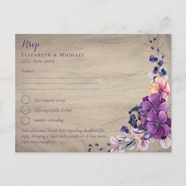 Rustic Fuchsia Floral Woodland Wedding Postcard (Front)