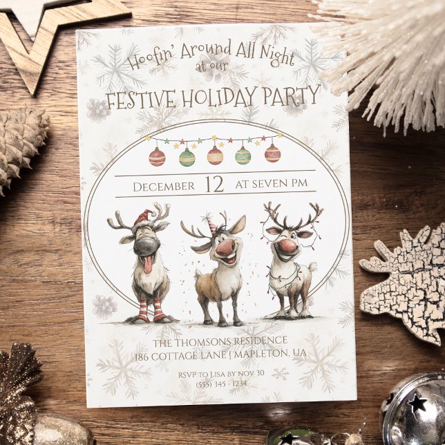 Rustic fun reindeers festive holiday party  invitation (Creator Uploaded)