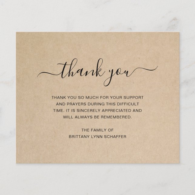 Rustic Funeral Sympathy Budget Thank You Card (Front)