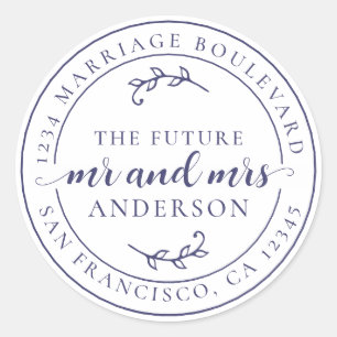 Rustic Future Mr Mrs Navy Blue Return Address Classic Round Sticker