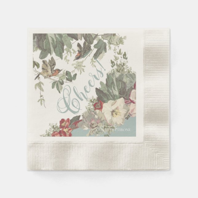 Rustic Garden Birds Cheers Paper Cocktail Napkins (Front)