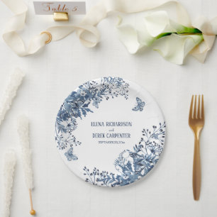 Rustic Garden Blue White Watercolor Floral Wedding Paper Plate