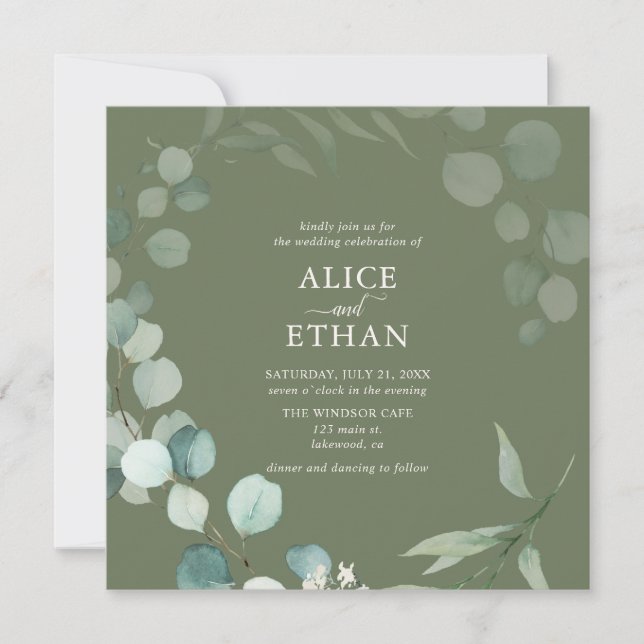 Rustic Garden Eucalyptus Script Sage Wedding Invitation (Front)