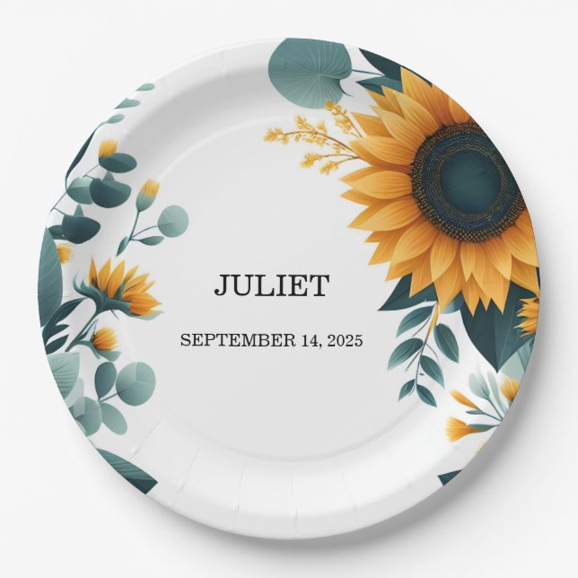 Rustic Garden Greenery Sunflower Bridal Shower Paper Plate (Front)