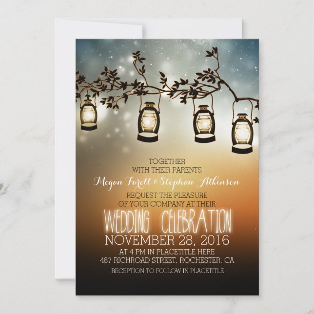rustic garden lights - lanterns wedding invitation (Front)