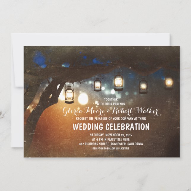 rustic garden lights lanterns wedding invites (Front)