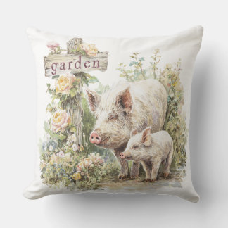 Rustic Garden Monogram Family Farm Pig  Throw Pillow