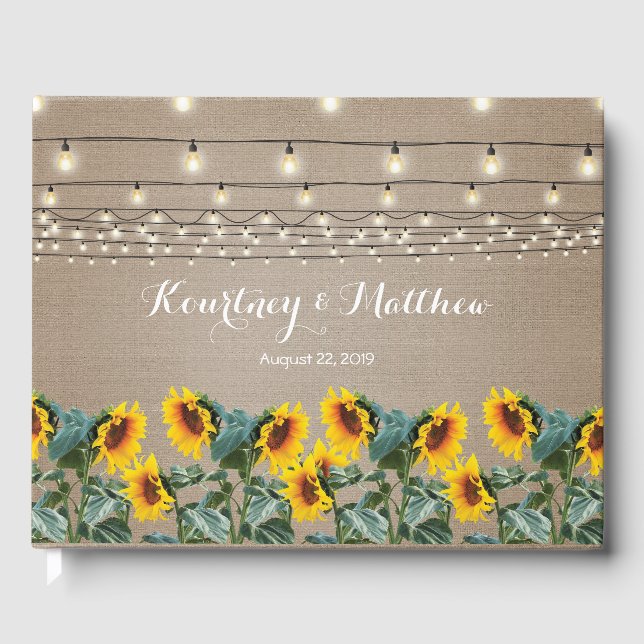 Rustic Garden Sunflowers and String Lights Wedding Guest Book (Front)