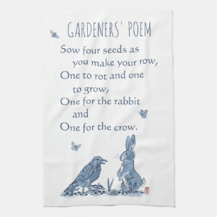 Rustic Gardener's Poem Blue & White Rabbit Crow Kitchen Towel