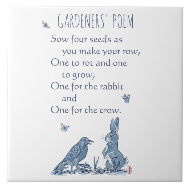 Rustic Gardener's Poem Blue & White Rabbit Crow Tile (Front)