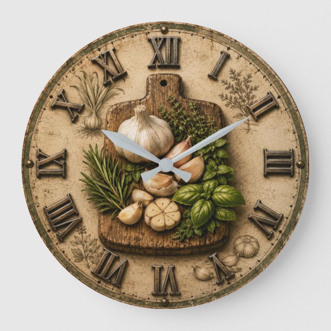 Rustic Garlic & Fresh Herbs Farmhouse Kitchen  Large Clock (Front)