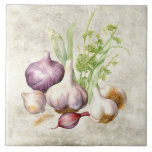 Rustic Garlic Watercolor Faux Texture Kitchen Tile<br><div class="desc">Rustic faux texture background with watercolor garlic & greens.  A perfect farmhouse design.  A vintage country look.  Perfect for your country French or cottage farmhouse home.</div>