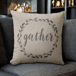 Rustic Gather Script with Vine Wreath & Polka dots Throw Pillow