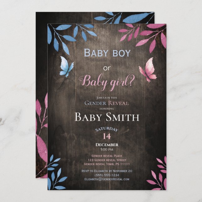 Rustic gender reveal watercolor floral invitation (Front/Back)