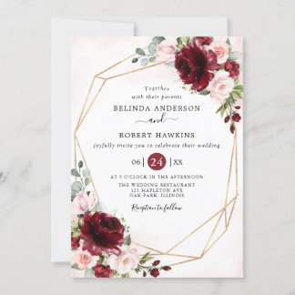 Rustic Geometric Burgundy Blush Floral Wedding Invitation