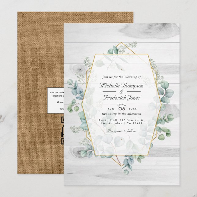 Rustic Geometric Eucalyptus QR Code Garden Wedding Invitation (Front/Back)