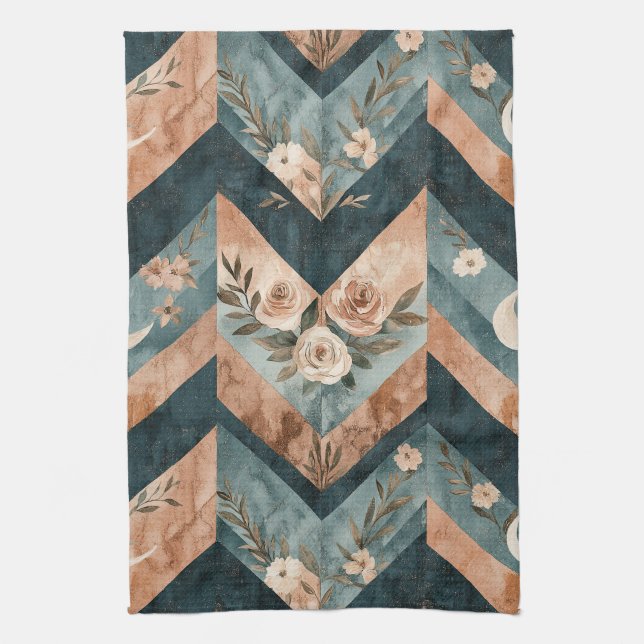 Rustic Geometric Floral with Crescent Moons Kitchen Towel (Vertical)