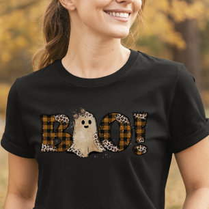 Rustic Ghost Boo Leopard & Plaid Halloween T-Shirt