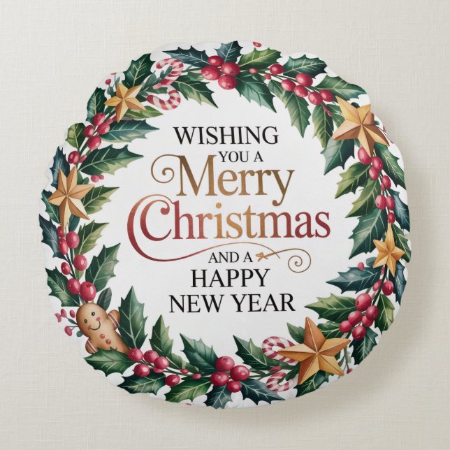 Rustic Gingerbread Holiday Round Pillow (Front)