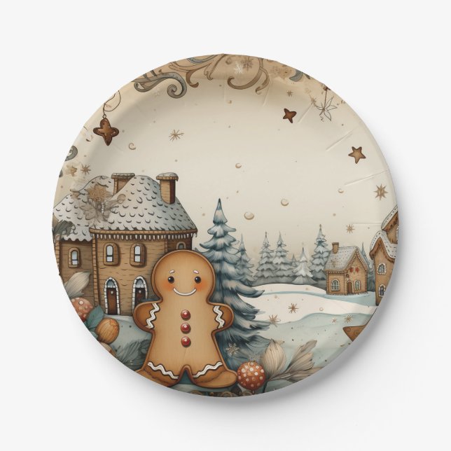 Rustic Gingerbread Village Paper Plate (Front)