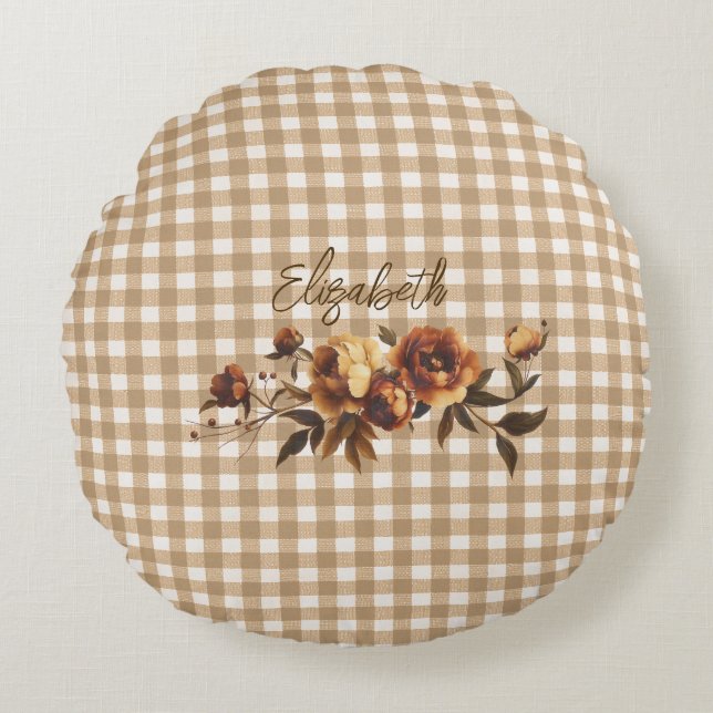 Rustic Gingham Autumn Floral Personalized  Round Pillow (Front)