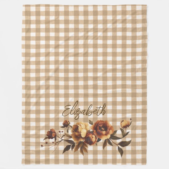 Rustic Gingham Autumn Roses Personalized  Fleece Blanket (Front)