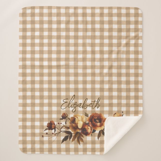 Rustic Gingham Fall Roses Personalized  Sherpa Blanket (Front)