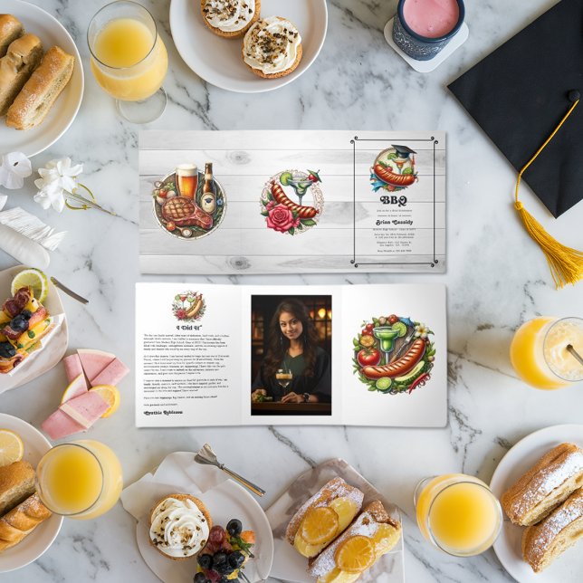 Rustic Gingham & Grill Theme BBQ Graduation Tri-Fold Invitation (Rustic Gingham & Grill Theme BBQ Graduation Tri-Fold Invitation)