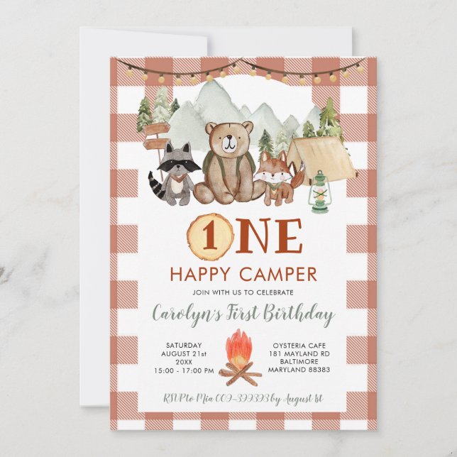Rustic Gingham One Happy Camper First Birthday  Invitation (Front)