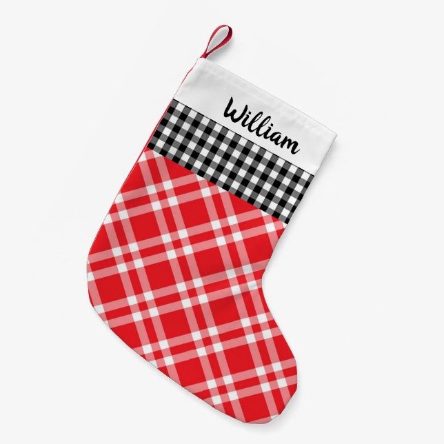 Rustic Gingham Plaid Black&Red custom name Small Christmas Stocking (Front (Hanging))
