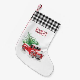 Rustic Gingham Plaid Red Truck Small Christmas Stocking