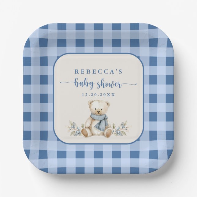 Rustic Gingham Teddy Bear Elegant Baby Shower  Paper Plate (Front)