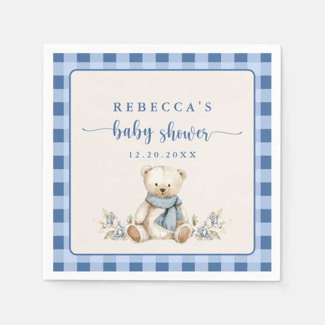 Rustic Gingham Teddy Bear Winter Baby Shower Napkin (Front)