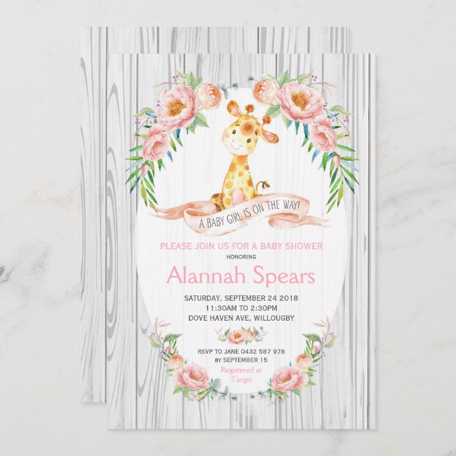 Rustic Giraffe Pink Floral Baby Shower Invitations (Front/Back)