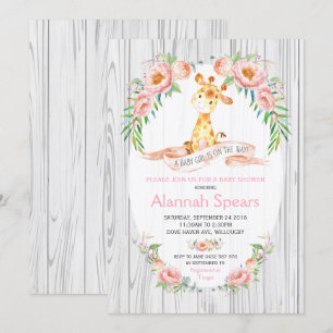 Rustic Giraffe Pink Floral Baby Shower Invitations