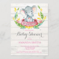 Rustic Girl Elephant Baby Shower Invitation Pink