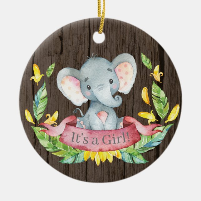 Rustic Girl Elephant Baby Shower Pink Ceramic Ornament (Front)