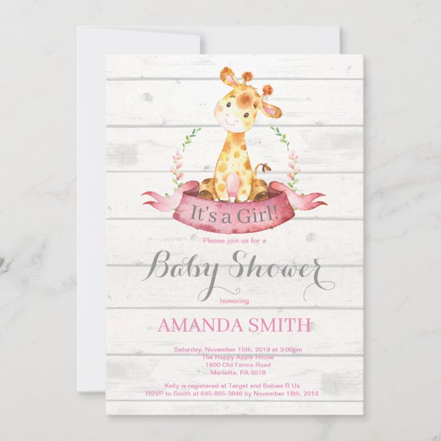 Rustic Girl Giraffe Baby Shower Invitation Pink (Front)