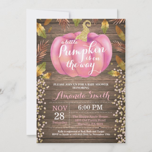 Rustic Girl Pumpkin Fall Baby Shower Gold Glitter Invitation (Front)