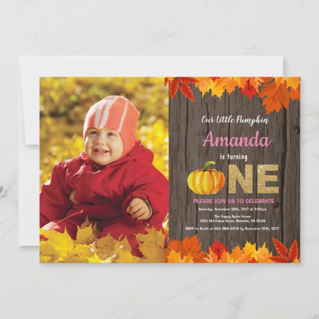 Rustic Girl Pumpkin Fall Birthday Invitation Gold (Front)