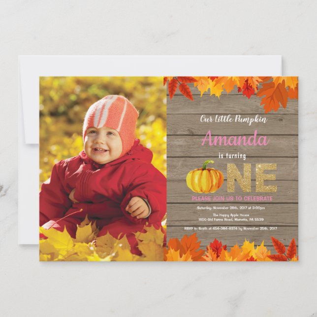 Rustic Girl Pumpkin Fall Birthday Invitation Gold (Front)