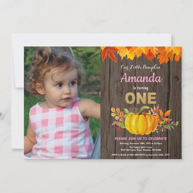 Rustic Girl Pumpkin Fall First Birthday Gold Invitation (Front)