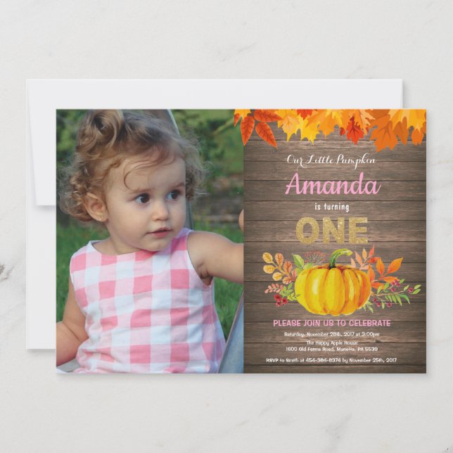 Rustic Girl Pumpkin Fall First Birthday Gold Invitation (Front)