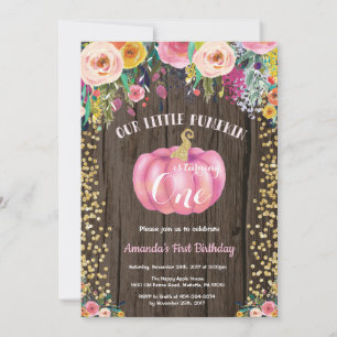 Rustic Girl Pumpkin First Birthday Floral Gold Invitation
