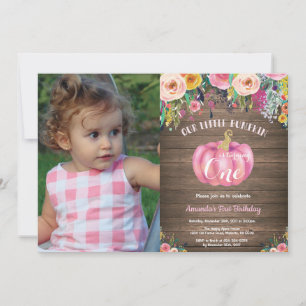 Rustic Girl Pumpkin First Birthday Floral Gold Invitation